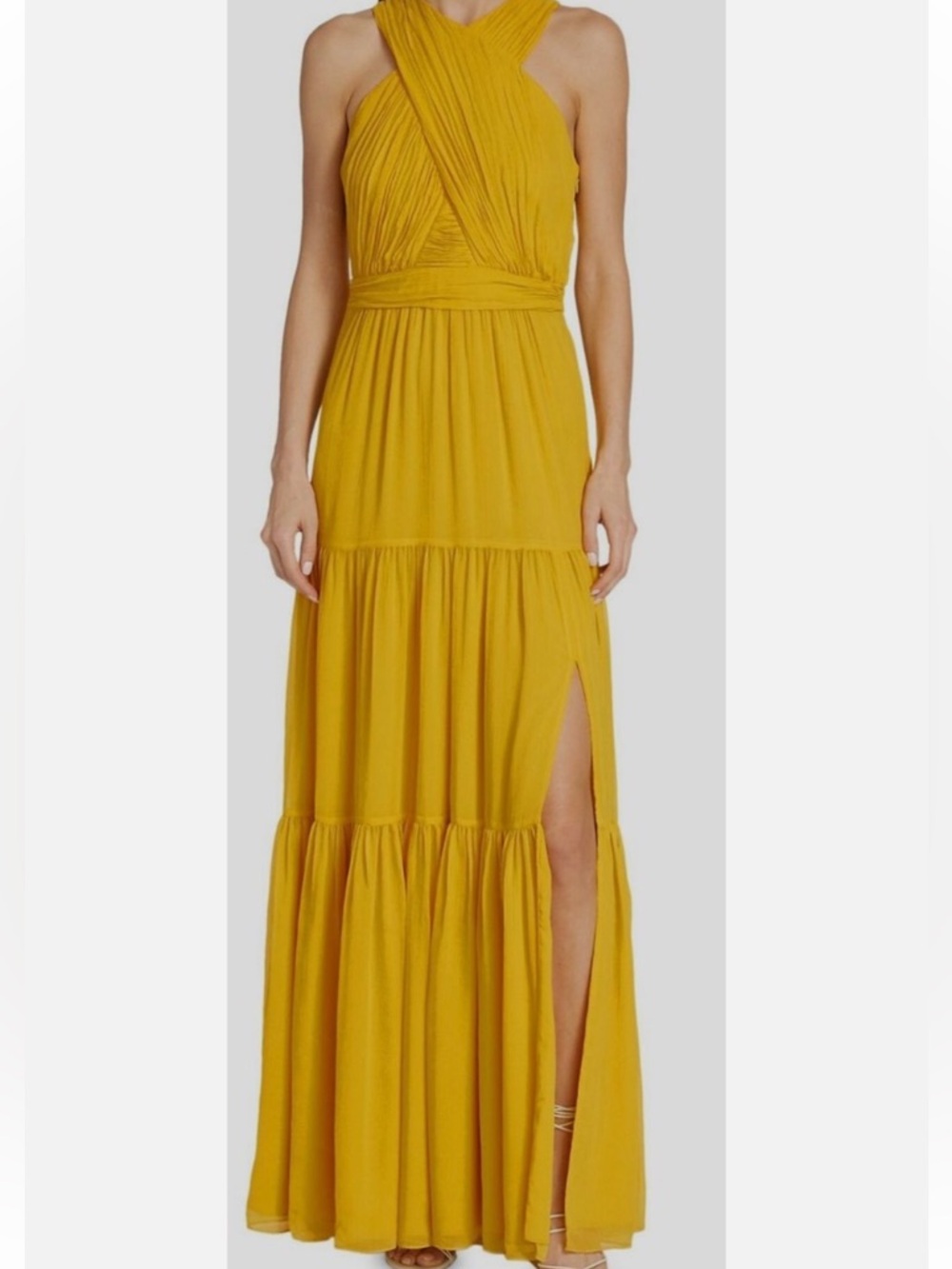 Veronica Beard Mustard Yellow Sleeveless Tiered Maxi Dress with Side Slit
